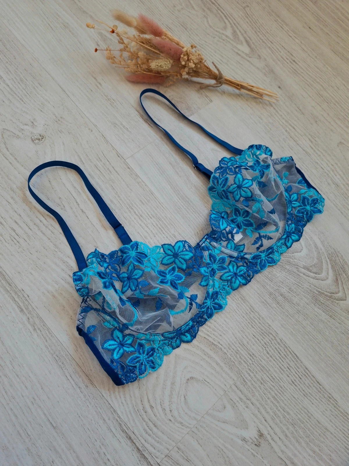 💙 Conjunto de lencería para mujer de 3 piezas azul con flores/transparente/blanco – Talla L – NUEVO – photo 3